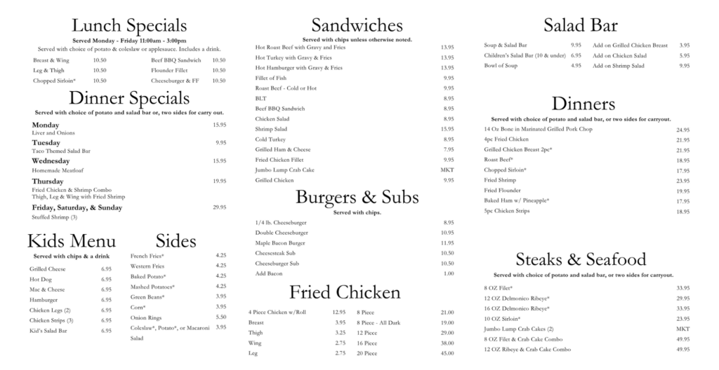 Deli menu with various food options listed