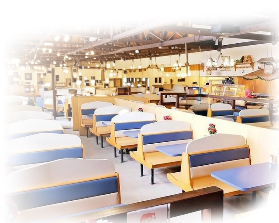 Empty restaurant with blue booths